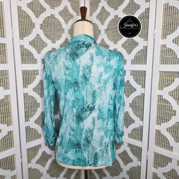 Easy Wear by Chico's Turquoise & White Open Front Cardigan/Jacket Size 0=S/4 - Picture 6 of 9